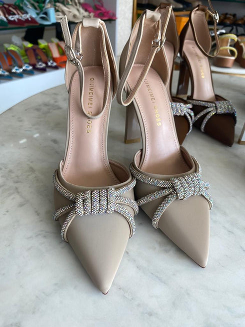 Rhinestone Embedded Pointy Ankle Strap Heels